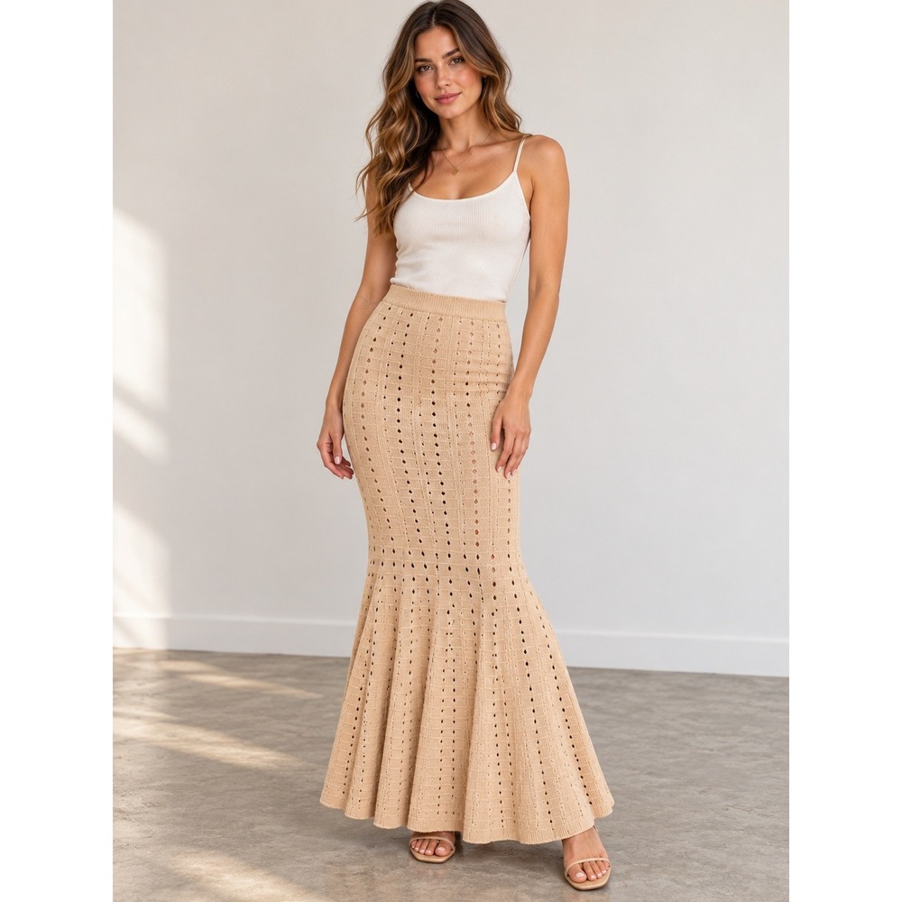 FORE Cotton Pointelle Knit Mermaid Maxi Skirt Beige Boho Large